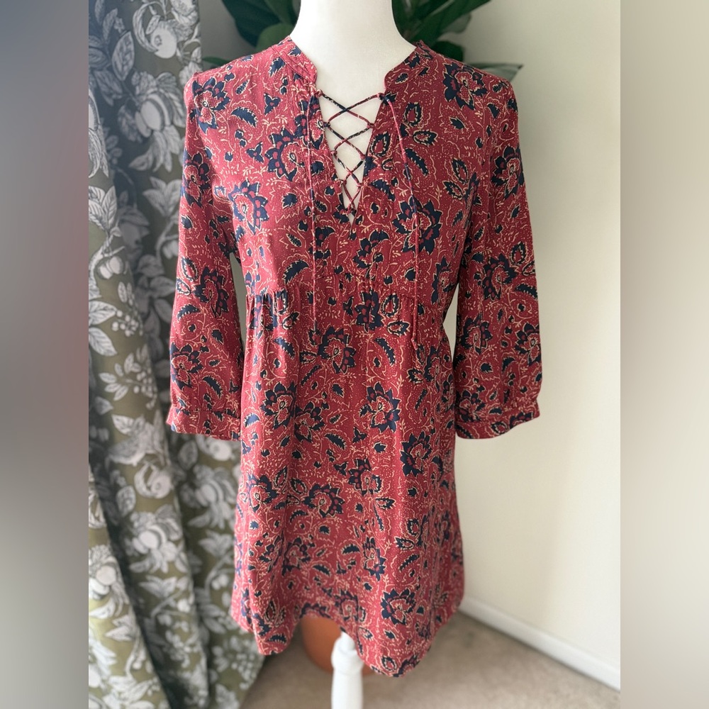 Madewell Red Paisley Lace-Up Mini Dress